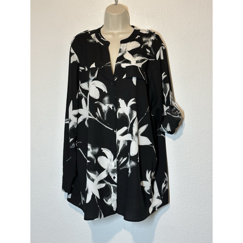 Lot 2 Calvin Klein Black White Floral & Abstract Roll Tab Button Blouse Top 3X